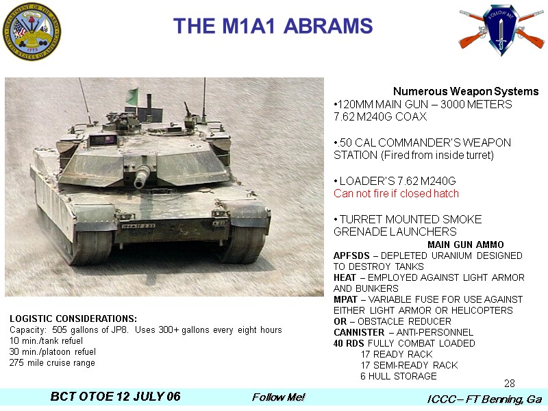 28 THE M1A1 ABRAMS Numerous Weapon Systems 120MM MAIN GUN – 3000 METERS 7.62